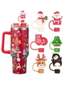 Detailliertes Set aus 6 Weihnachts-Strohhalmabdeckungen aus Silikon mit festlichem Becher - Olivgrün