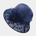Close-up of navy organza sun hat featuring delicate mesh flowers and black polka dot brim - One Size / Navy Blue