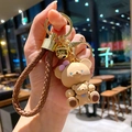 Cute resin bear keychain with brown braided leather strap and golden bell charm - Single Piece / Brown Bear