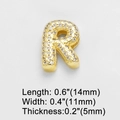 Macro shot of gold-plated letter R charm with pavé cubic zirconia and dimension details - Letter R