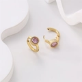 Detail of 18K gold plated stainless steel earring featuring a round pink zircon stone - Pink