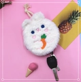 Cute white bunny plush key case and coin purse with pull-string design and carrot motif - White Carrot
