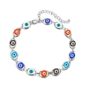 Multi-colored Evil Eye charm bracelet with silver-tone chain and adjustable lobster clasp - Silver Base Multi-color