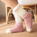 Pink knit winter slipper socks with thick white faux fur trim and cable knit pattern - Chenille Heart Pink
