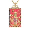 Macro shot of The Tower tarot pendant featuring pink enamel and colorful gemstones on gold frame - The Tower (With Chain)