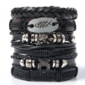 Retro multi-layer woven leather bracelet set with punk style skull and fishbone charms - Infinity Skull Style (A)