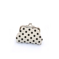 Detailed view of canvas coin purse with black polka dots and silver metal kiss lock - White