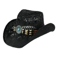Black woven cowboy beach hat with ethnic turquoise band and hollow knit structure - Adult 58cm One Size / Black Hollow Grid Style