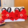 Pair of red velvet bow hair clips with braided hair rings and rhinestone flower detail - Red Rhinestone Braid (Hair Clip 024-Braid)