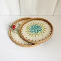 Set of two handmade rattan trays with shell mosaic sunflower pattern and natural finish - Lake Blue Leaves / 2-Piece Set