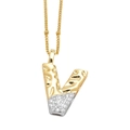 Collier avec pendentif lettre V bicolore, texture martelée dorée et zircons sertis - Lettre V