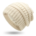 Winter chunky knit beanie in cream white with smooth satin lining for hair protection - One Size / Beige