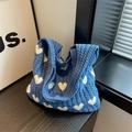 Blue knit shoulder bag with white heart patterns and chunky crochet texture - White Heart / Blue