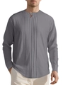 Chemise Henley gris foncé pour homme en lin à manches longues avec plis et col officier - S / Gris clair