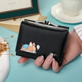 Black tri-fold mini wallet with cute corgi print and metal kiss lock closure - Black