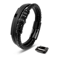 Men's double-layered black braided leather bracelet with magnetic clasp and metal charms - Three-layer Curved Tube Ring / Black