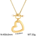 Collier cœur doré en acier titane avec perles blanches et fermoir en T au design élégant - Collier fermoir T perle dorée (KN89567-KFC)