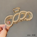 Pince à cheveux dorée 9CM avec perles blanches et strass brillants au design ondulé - 120# Anneau Perle Strass