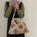 Canvas-Stofftasche mit floralem Vintage-Rosenmuster und verstellbarem breitem Gurt - Upgrade-Stil mit Druckknopf und innerem Reißverschluss / Beige Blumenmuster