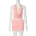 Pink mesh two-piece set featuring halter backless top and ruched mini skirt - S / Pink