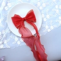 Detail of a large red gauze bow hair clip with gold edges and long elegant ribbons - 1230 Red Mesh (with Clip)