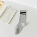 Light gray striped cotton crew socks with ribbed texture and double black stripes - Mid-calf Gray with Black Stripes