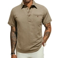 Men's khaki short sleeve cotton linen polo shirt with a single chest pocket and lapel - Khaki