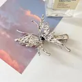 Silver liquid metal bow hair clip with black gemstone inlay on satin fabric - Silver Black Gem Butterfly