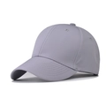 Detail view of a light gray six-panel baseball cap with structured curved brim and vent holes - Adjustable / Light Gray