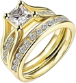 Detail showing two-piece gold engagement ring set with princess cut square zircon stone - US 7 / Women's Gold-Tone Princess Cut Set