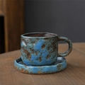 Blue and brown rustic stoneware ceramic coffee cup and saucer set with textured finish - Hand-squeezed Coffee Mug Set - Blue 270ml / Universal