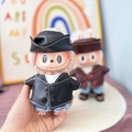 Labubu doll in black leather jacket, white shirt and blue jeans outfit variant - Leather Jacket Baseball Style Black Suit / First And Second Generation Keychains Are Compatible With La Cloth Dolls. Dolls Not Included.