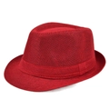 Macro detail of red linen texture and matching woven band on a classic Panama fedora hat - M (56-58cm) / Red