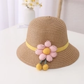 Kinder strohoed in kaki met gele band en roze 3D-bloem decoratie voor de zomer - Kindermaat (54cm) / Hoed / Bruin