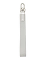 Close-up of a high-quality silver fabric wristlet strap with a metallic spring clasp - Gray