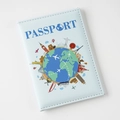 Detail of light blue passport cover with global landmarks illustration and passport text - 14×10cm / Light Blue