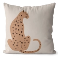 Close-up of cream throw pillow cover featuring a brown leopard illustration in Nordic style - Beige-Orange Leopard