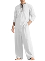 Men's white linen long sleeve shirt and trousers beach set with casual breathable fabric - White + White