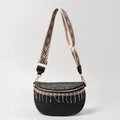 Black woven straw waist bag with bohemian colorful beaded tassels and ethnic strap - Black