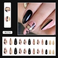 Unghie finte a mandorla nero e rosa con glitter dorati e decorazioni fogliari - W258 Temperamento Oro Nero (Stile Colla)