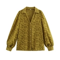 Olive green textured V-neck blouse with puff sleeves and button-up front design - XS / Olive Green