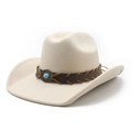 Detail of cream felt cowboy hat with braided leather band and turquoise stone accent - M (56-58cm) / Beige