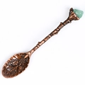 Vintage bronze coffee spoon with twig handle and green natural crystal stone top - Crushed Stone Style / Green Aventurine