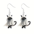 Detailed view of Halloween earrings featuring cute black cats in white ghost capes - Black Cat Ghost