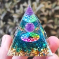 Handmade Orgone pyramid with gold foil, blue stones, chakra symbol, and purple sphere - Glaze Lotus / Small