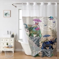 Detail of waffle weave shower curtain with vintage elephant print and metal ring hooks - 181x188cm Single Shower Curtain / SYL-3 Elephant
