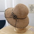 Straw sun hat in natural wood tone with black woven flower and decorative stitching - M / Flowers Edging-Khaki