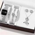 Detail of silver watch and jewelry gift set featuring heart-shaped rhinestones in a gift box - Silver Set (Orange Large Box)