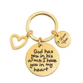 Golden stainless steel key ring with heart charm and engraved round memorial pendants - God has you in his arms (XYY035) Gold