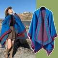 Poncho ethnique à capuche bleu et rouge pour voyage d'hiver et photographie - Couleur 37